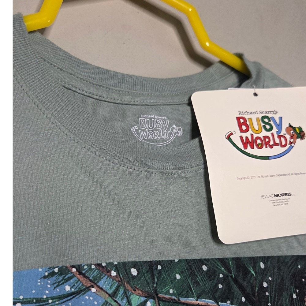 Richard Scarry Busy World Christmas Graphic T-Shirt Small Sage Green Cotton NWT